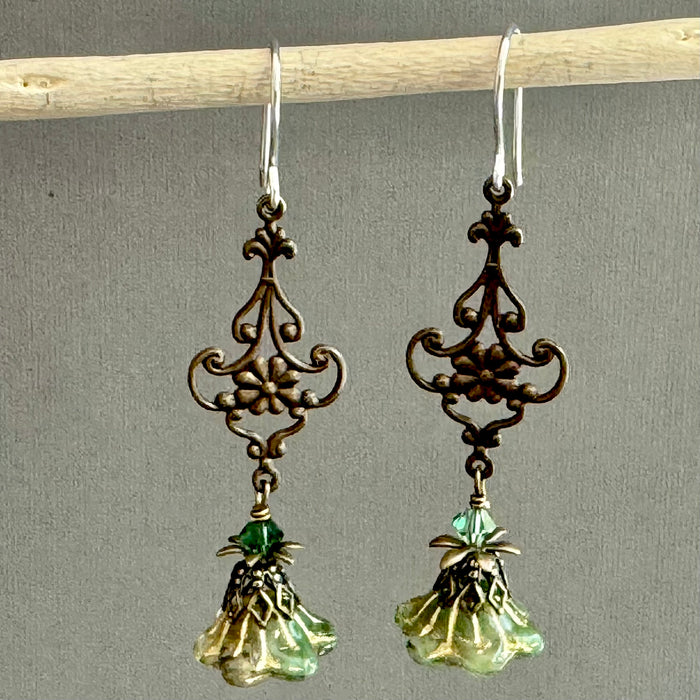 Green Variegated Czech Glass Trumpet Earrings in Antique Brass