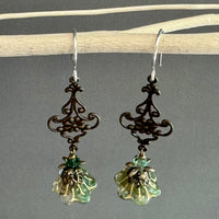 Green Variegated Czech Glass Trumpet Earrings in Antique Brass