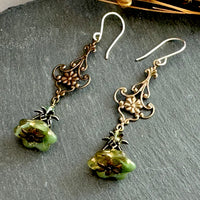 Green Variegated Czech Glass Trumpet Earrings in Antique Brass