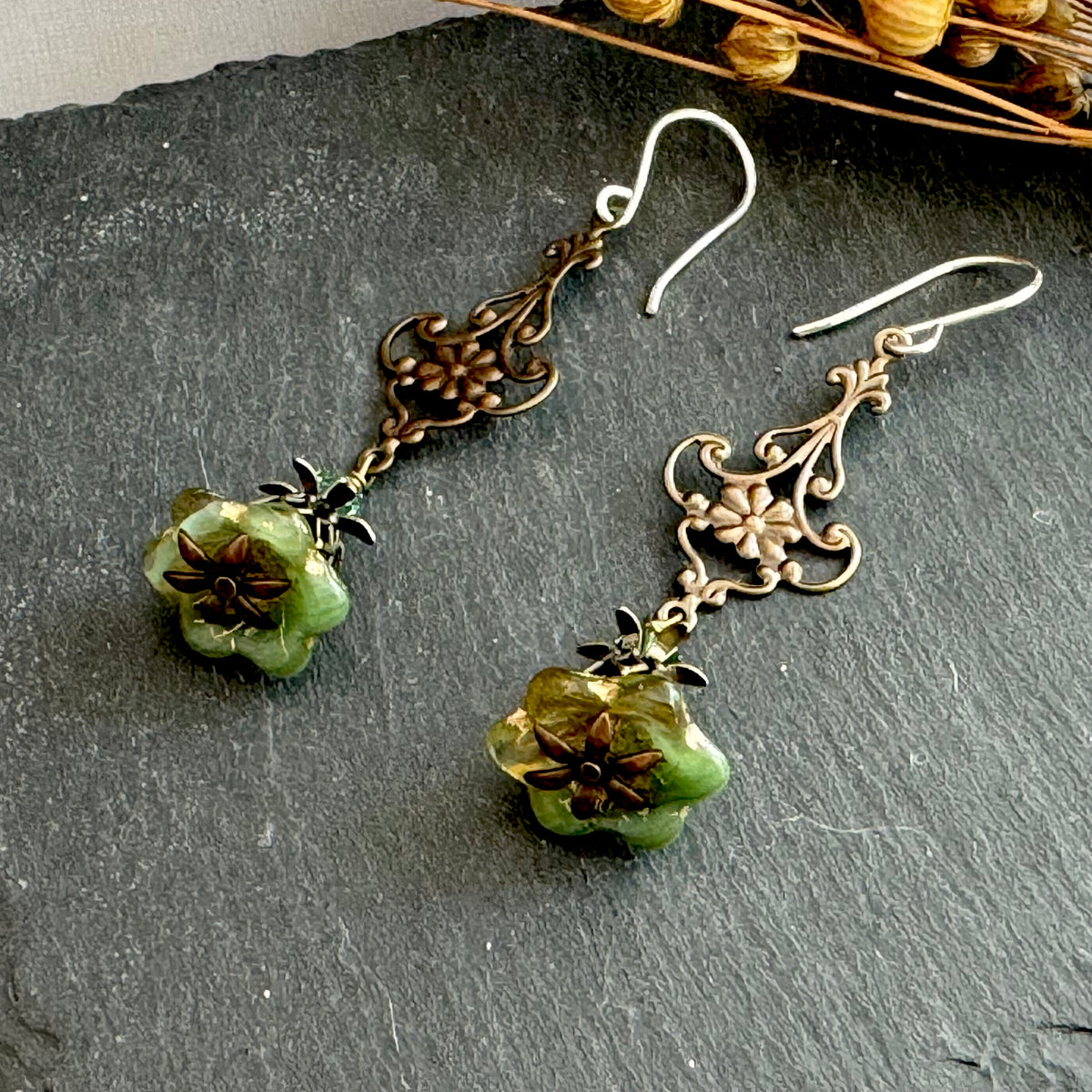 Green Variegated Czech Glass Trumpet Earrings in Antique Brass