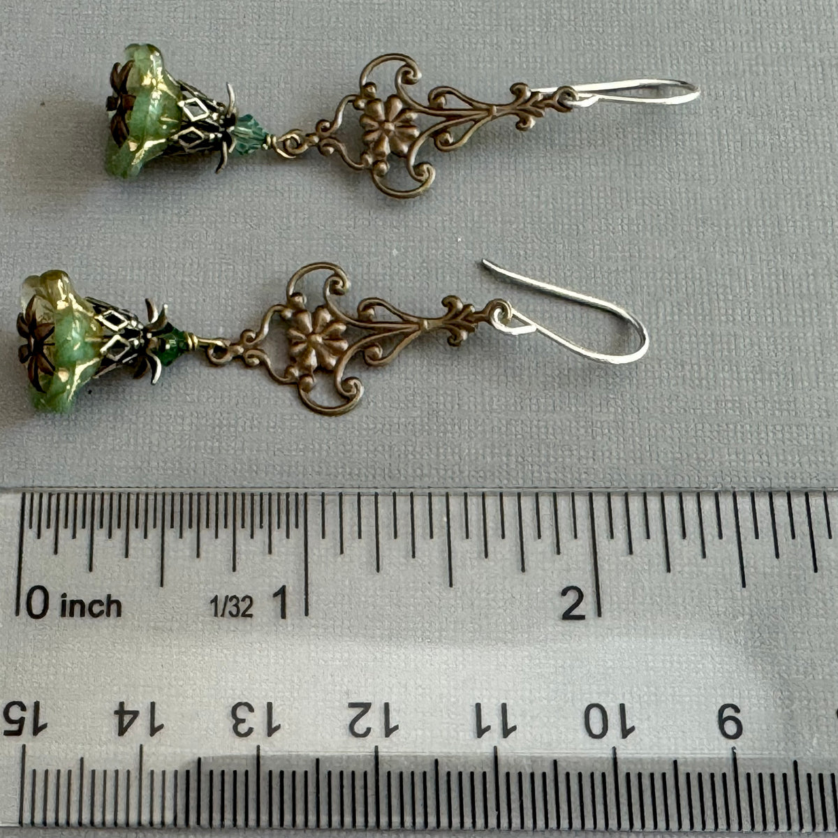 Green Variegated Czech Glass Trumpet Earrings in Antique Brass