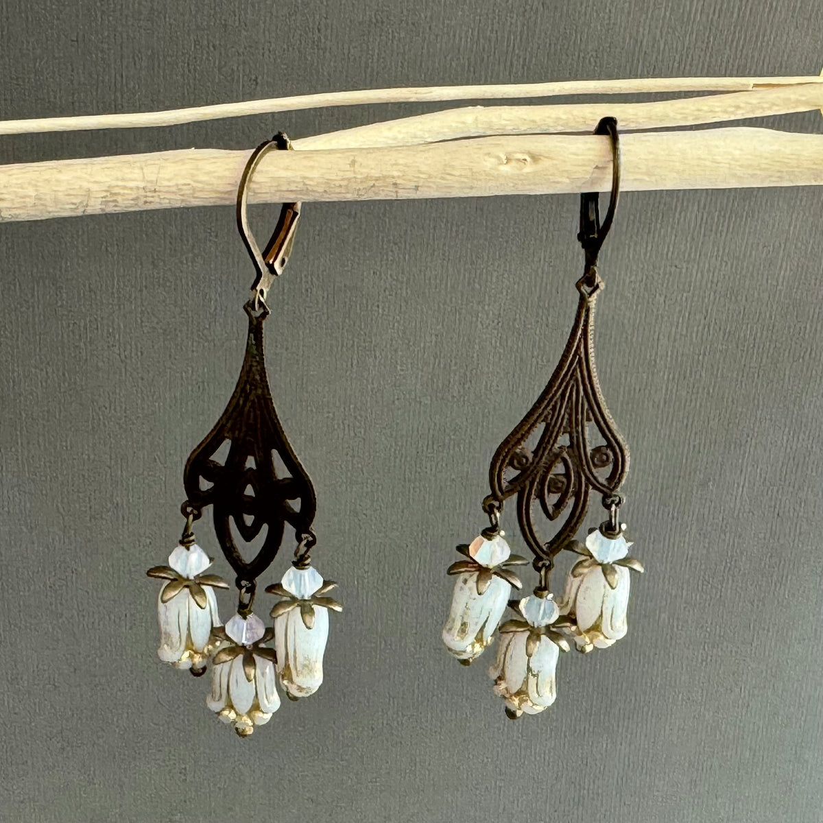 Art Deco White Czech Glass Drop Earrings on Brass Filigree Components in Sterling Silver