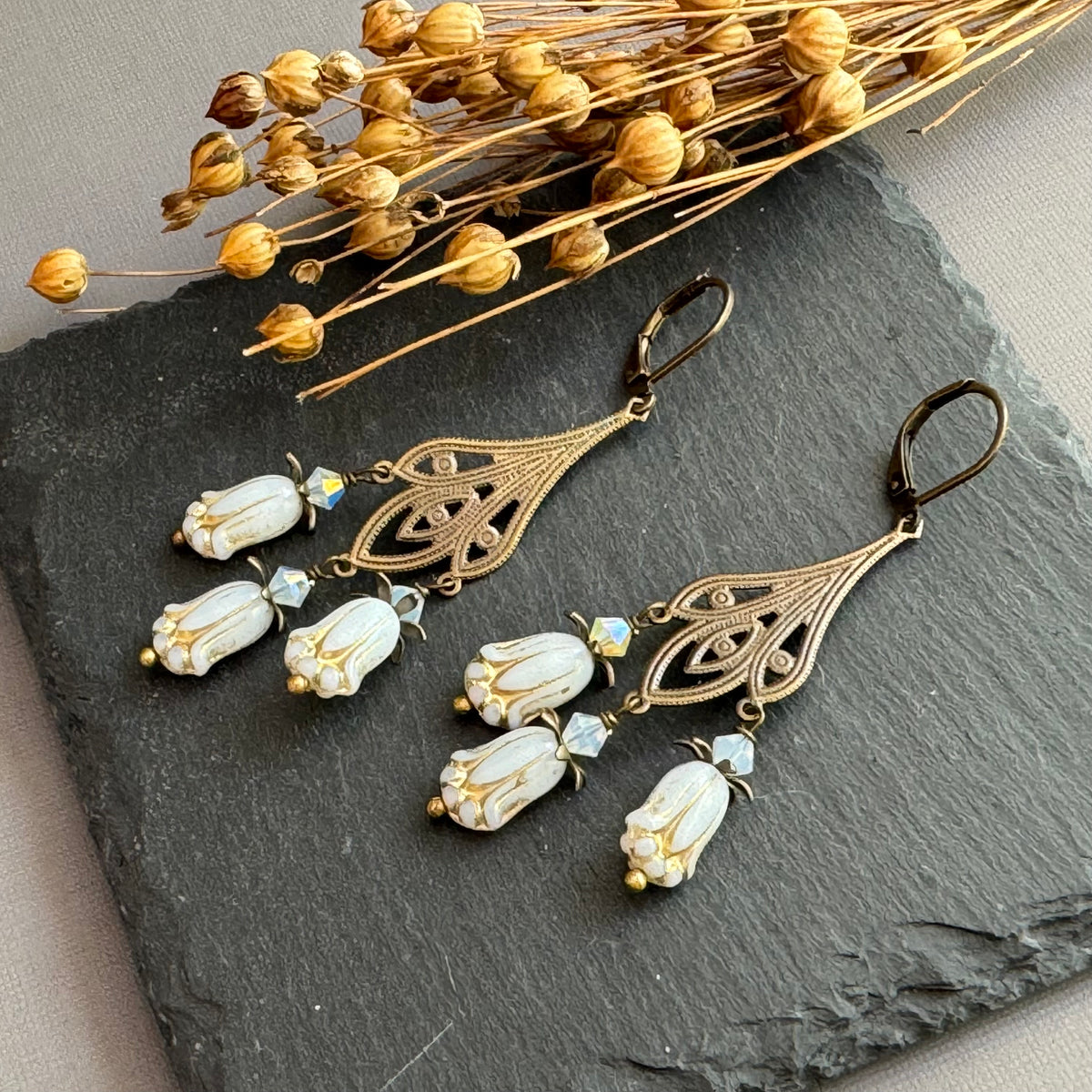 Art Deco White Czech Glass Drop Earrings on Brass Filigree Components in Sterling Silver