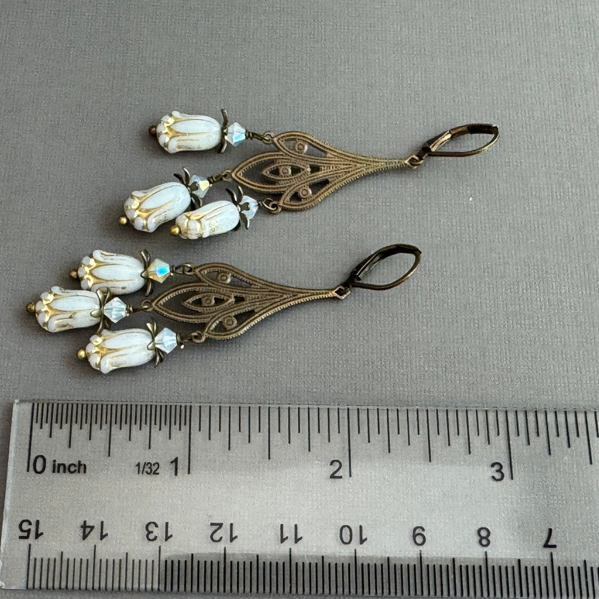 Art Deco White Czech Glass Drop Earrings on Brass Filigree Components in Sterling Silver