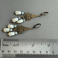 Art Deco White Czech Glass Drop Earrings on Brass Filigree Components in Sterling Silver
