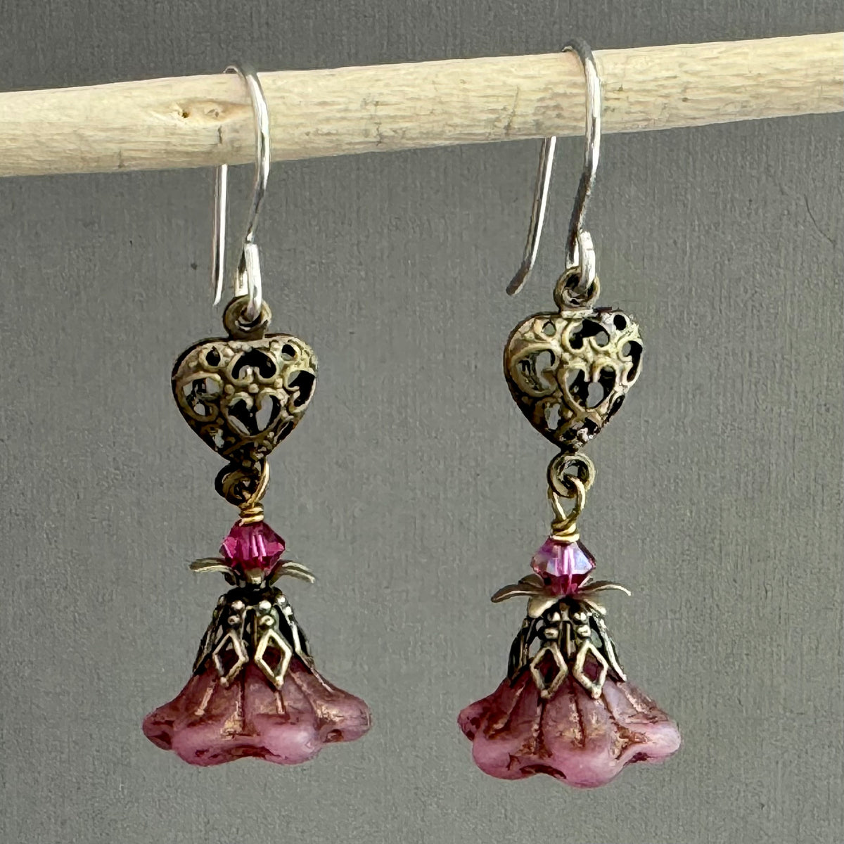 Victorian Dark Pink Czech Glass Drops with Brass Heart Filigree Components in Sterling Silver