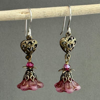 Victorian Dark Pink Czech Glass Drops with Brass Heart Filigree Components in Sterling Silver