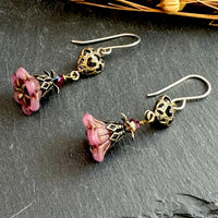 Victorian Dark Pink Czech Glass Drops with Brass Heart Filigree Components in Sterling Silver