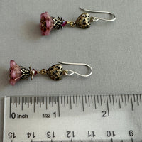 Victorian Dark Pink Czech Glass Drops with Brass Heart Filigree Components in Sterling Silver