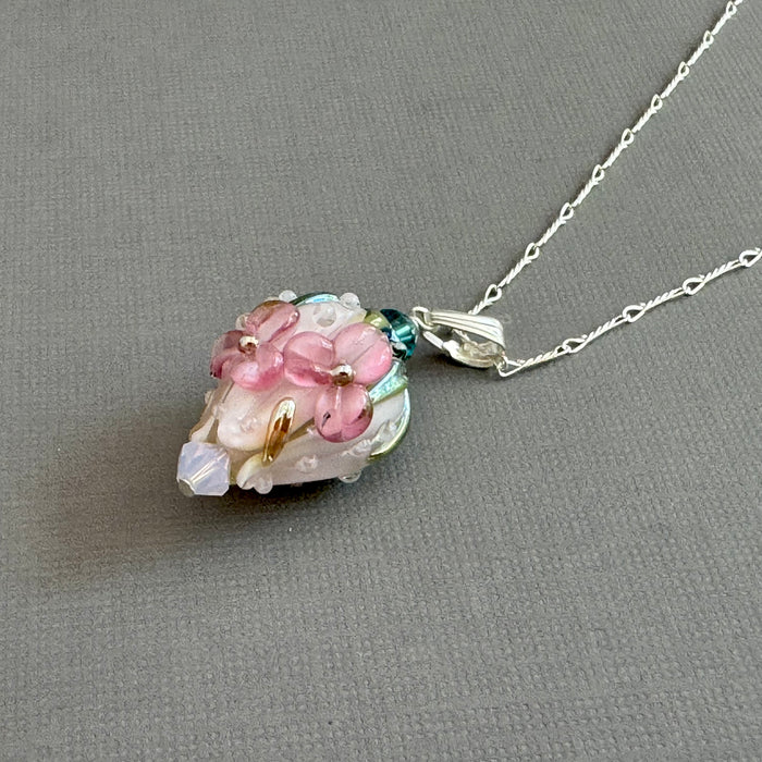 Pink Rosebud Handmade Lampwork Pendant Necklace in Sterling Silver