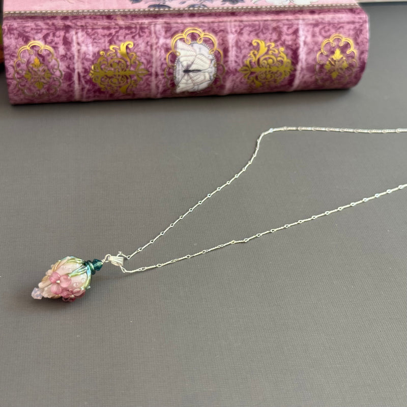 Pink Rosebud Handmade Lampwork Pendant Necklace in Sterling Silver