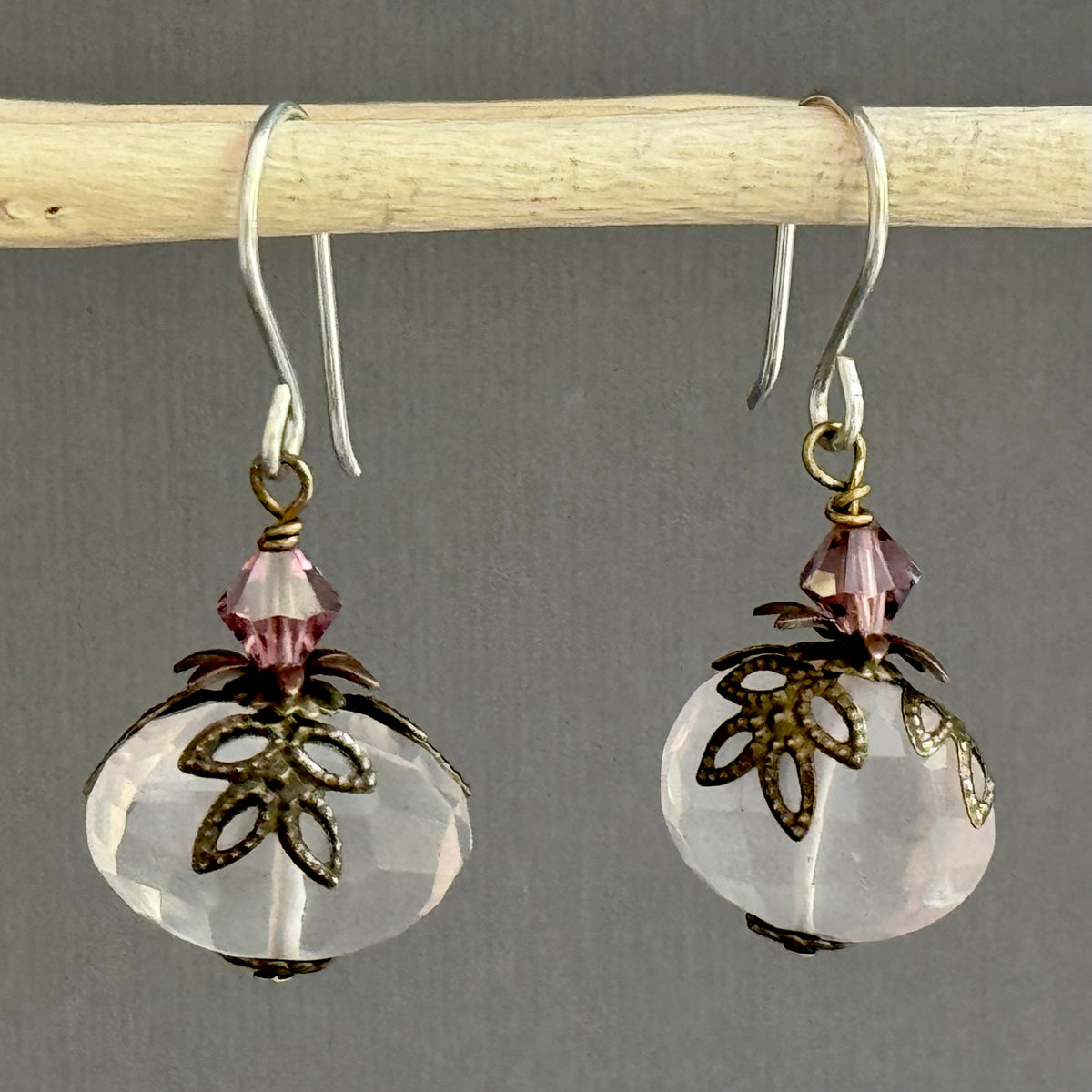 Vintage Rose Quartz Nugget Earrings in Sterling Silver