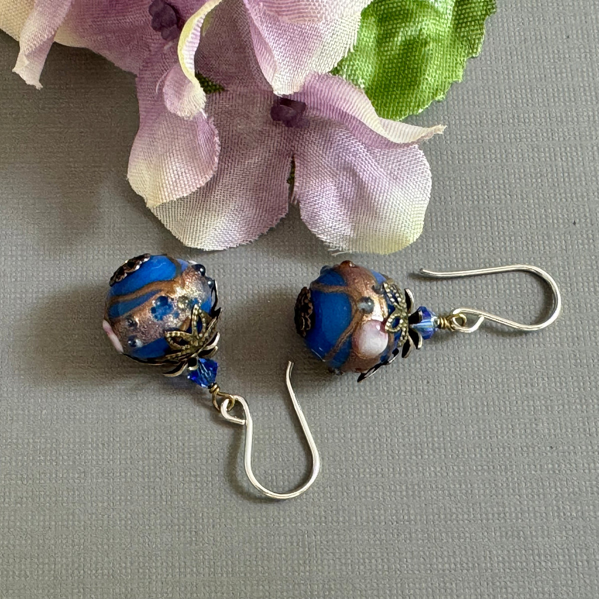 Blue Round Italian Wedding Cake Earrings in Sterling Silver