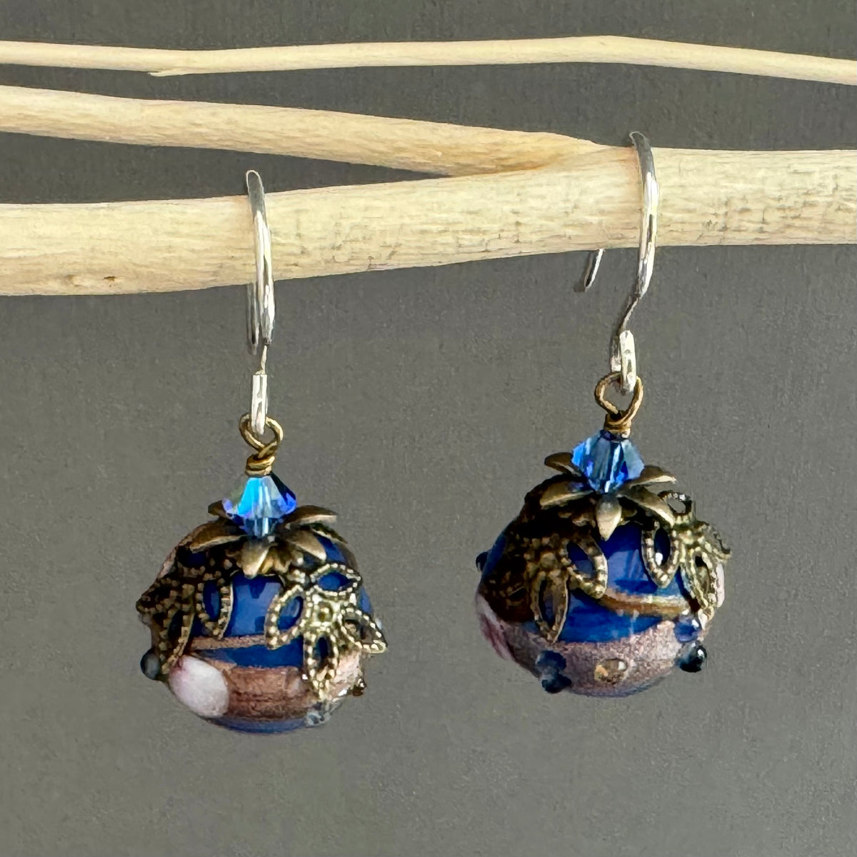 Blue Round Italian Wedding Cake Earrings in Sterling Silver