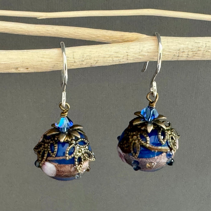 Blue Round Italian Wedding Cake Earrings in Sterling Silver