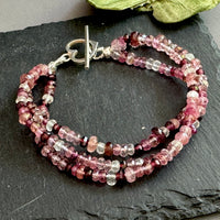 Triple Three-Strand Pink Tourmaline, Moonstone and Topaz Bracelet in Sterling Silver