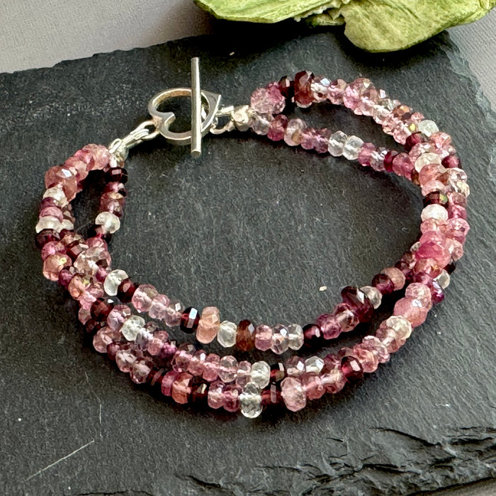 Triple Three-Strand Pink Tourmaline, Moonstone and Topaz Bracelet in Sterling Silver