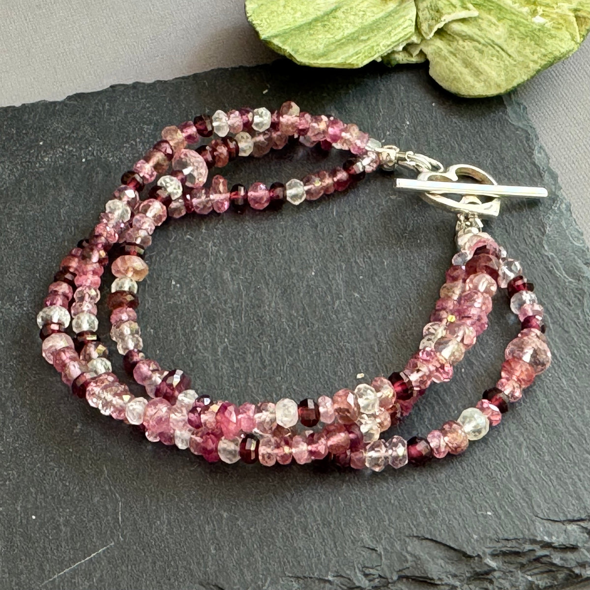 Triple Three-Strand Pink Tourmaline, Moonstone and Topaz Bracelet in Sterling Silver