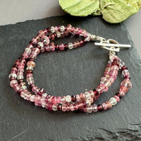Triple Three-Strand Pink Tourmaline, Moonstone and Topaz Bracelet in Sterling Silver