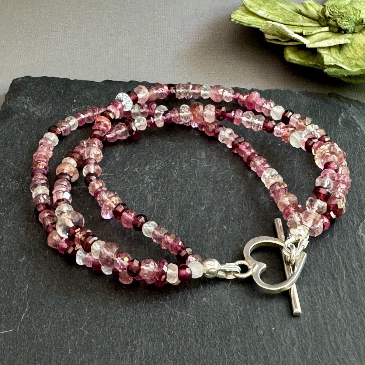 Triple Three-Strand Pink Tourmaline, Moonstone and Topaz Bracelet in Sterling Silver