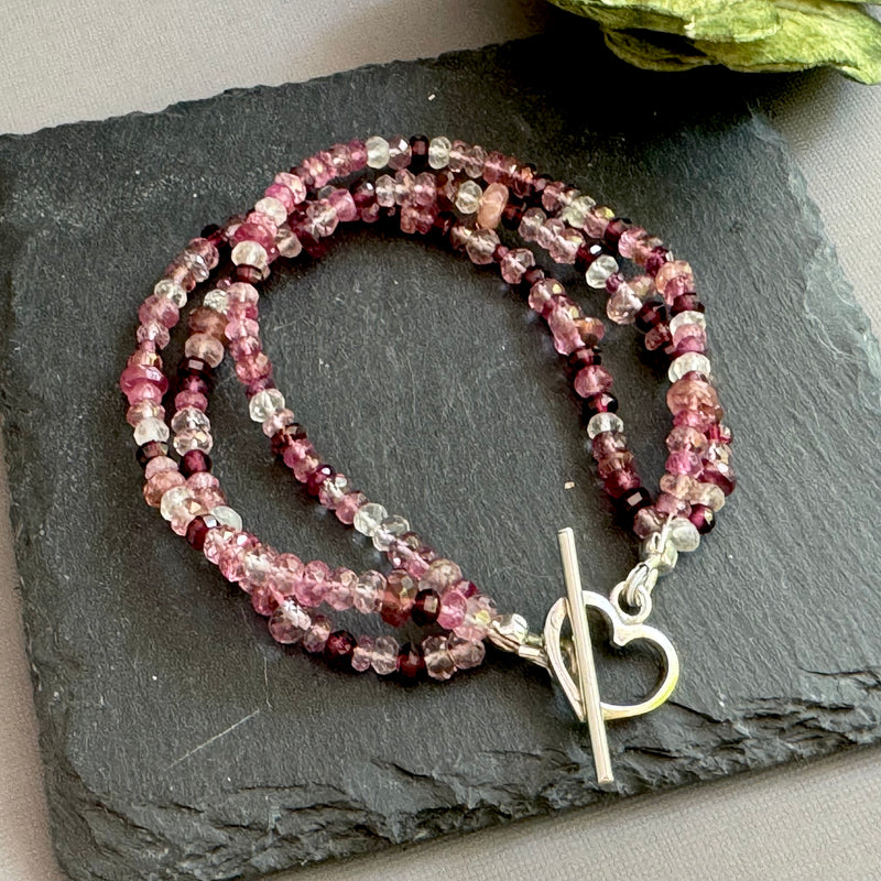 Triple Three-Strand Pink Tourmaline, Moonstone and Topaz Bracelet in Sterling Silver