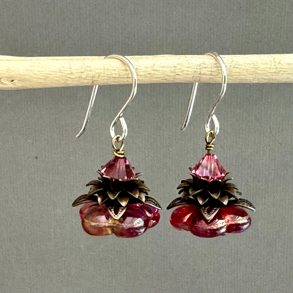 Czech Glass Dark Pink Flower Drop Earrings in Sterling Silver