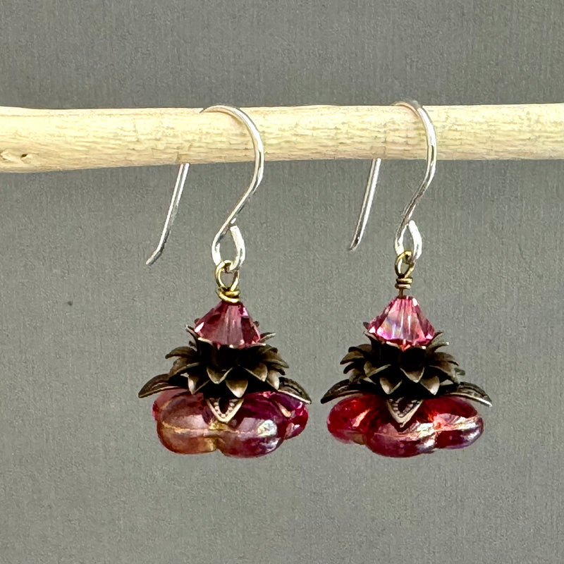 Czech Glass Dark Pink Flower Drop Earrings in Sterling Silver