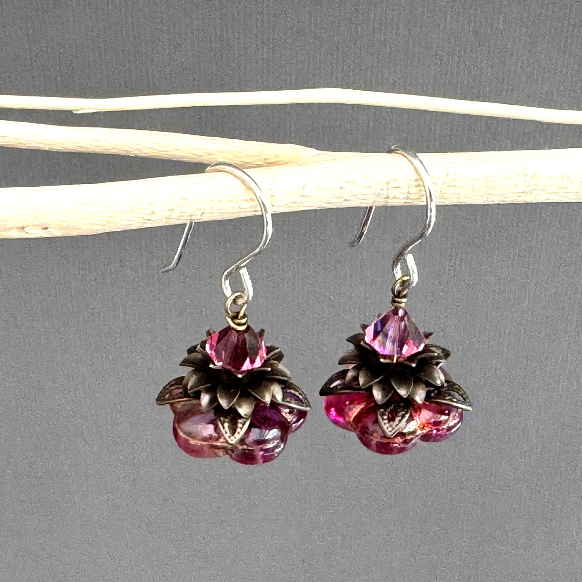 Czech Glass Dark Pink Flower Drop Earrings in Sterling Silver