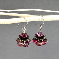 Czech Glass Dark Pink Flower Drop Earrings in Sterling Silver