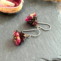 Czech Glass Dark Pink Flower Drop Earrings in Sterling Silver