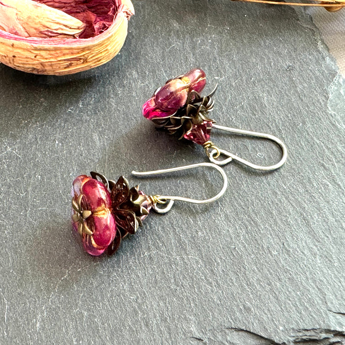 Czech Glass Dark Pink Flower Drop Earrings in Sterling Silver