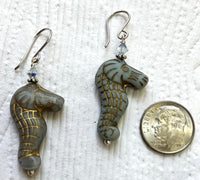 Czech Glass Light Blue Sea Horse Earrings in Sterling Silver