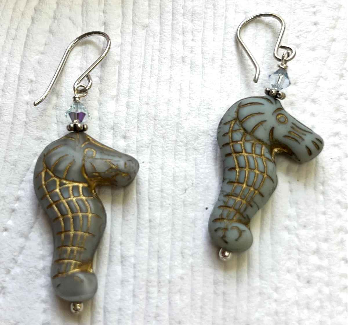 Czech Glass Light Blue Sea Horse Earrings in Sterling Silver