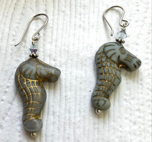 Load image into Gallery viewer, Czech Glass Light Blue Sea Horse Earrings in Sterling Silver
