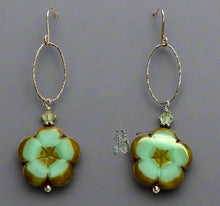 Load image into Gallery viewer, Czech Glass Pale Green Flower Earrings in Sterling Silver
