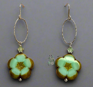 Czech Glass Pale Green Flower Earrings in Sterling Silver