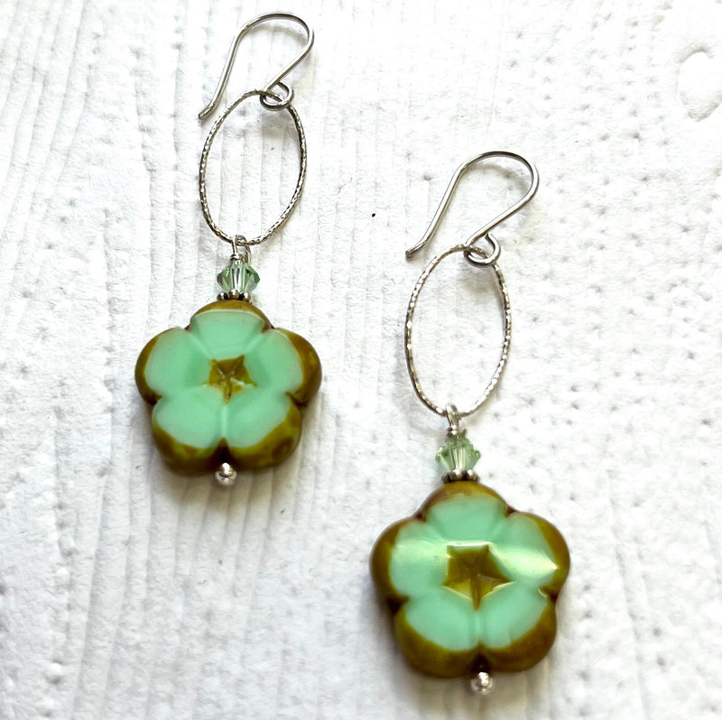 Czech Glass Pale Green Flower Earrings in Sterling Silver