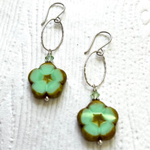 Load image into Gallery viewer, Czech Glass Pale Green Flower Earrings in Sterling Silver
