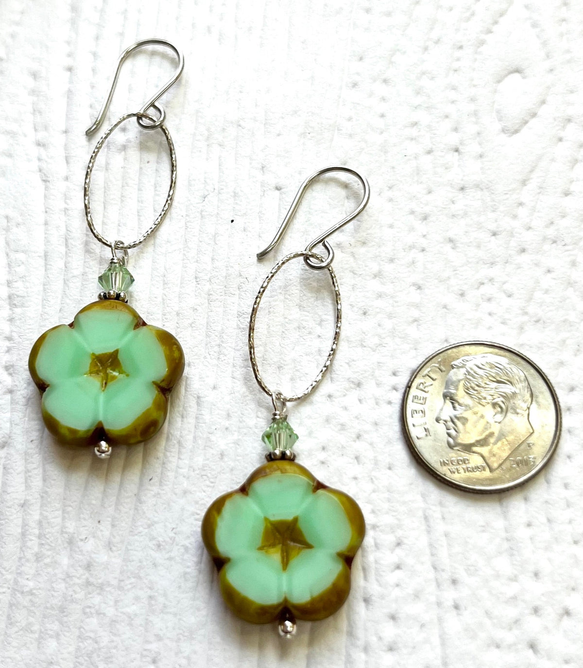 Czech Glass Pale Green Flower Earrings in Sterling Silver