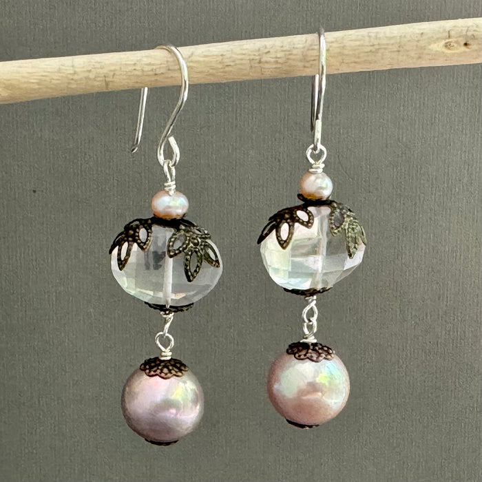 Vintage Rose Quartz and Pink Freshwater Pearl Nugget Earrings in Sterling Silver
