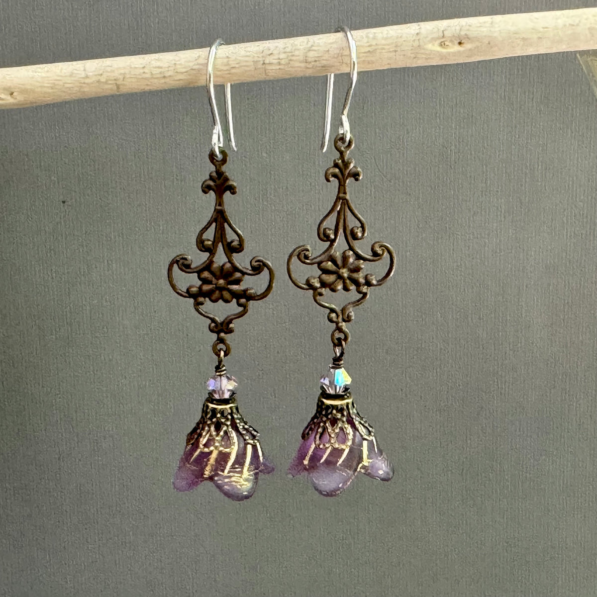Czech Glass Grape Jelly Bell Flower Earrings in Sterling Silver
