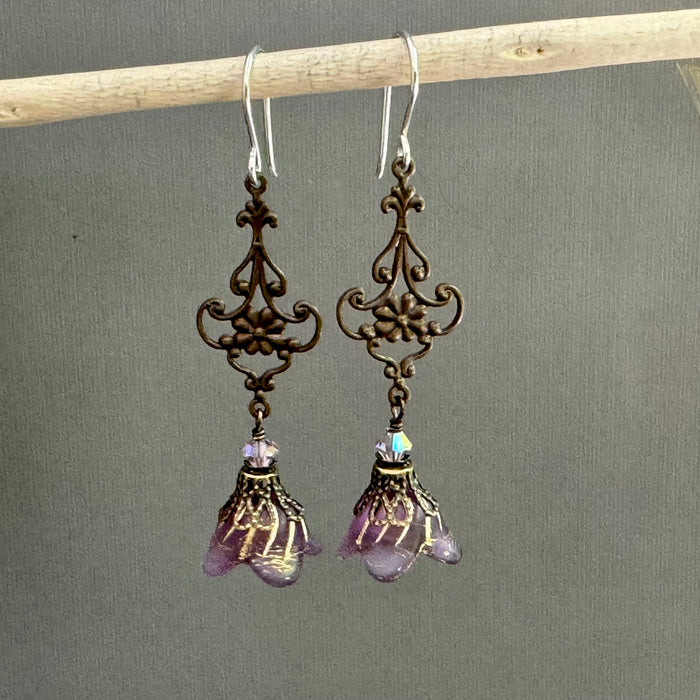 Czech Glass Grape Jelly Bell Flower Earrings in Sterling Silver