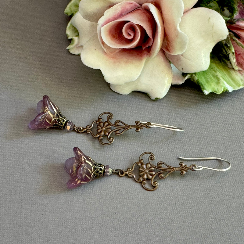 Czech Glass Grape Jelly Bell Flower Earrings in Sterling Silver