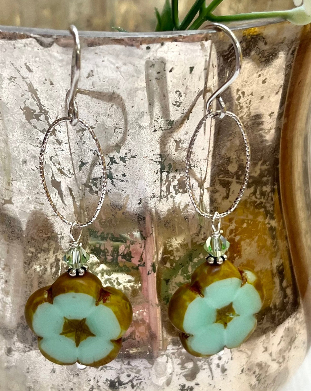 Czech Glass Pale Green Flower Earrings in Sterling Silver