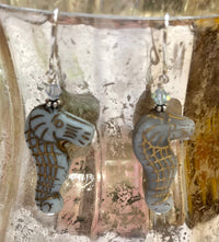 Czech Glass Light Blue Sea Horse Earrings in Sterling Silver