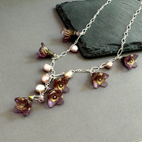 Grape Jelly Czech Glass Bell Flower Drop Necklace on Sterling Silver