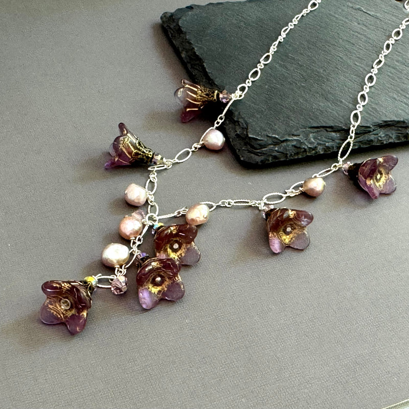Grape Jelly Czech Glass Bell Flower Drop Necklace on Sterling Silver