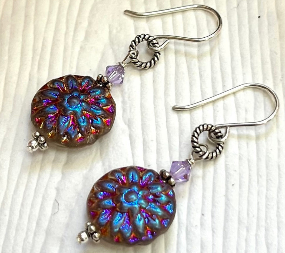 Czech Glass Iris Metallic Dahlia Earrings in Sterling Silver