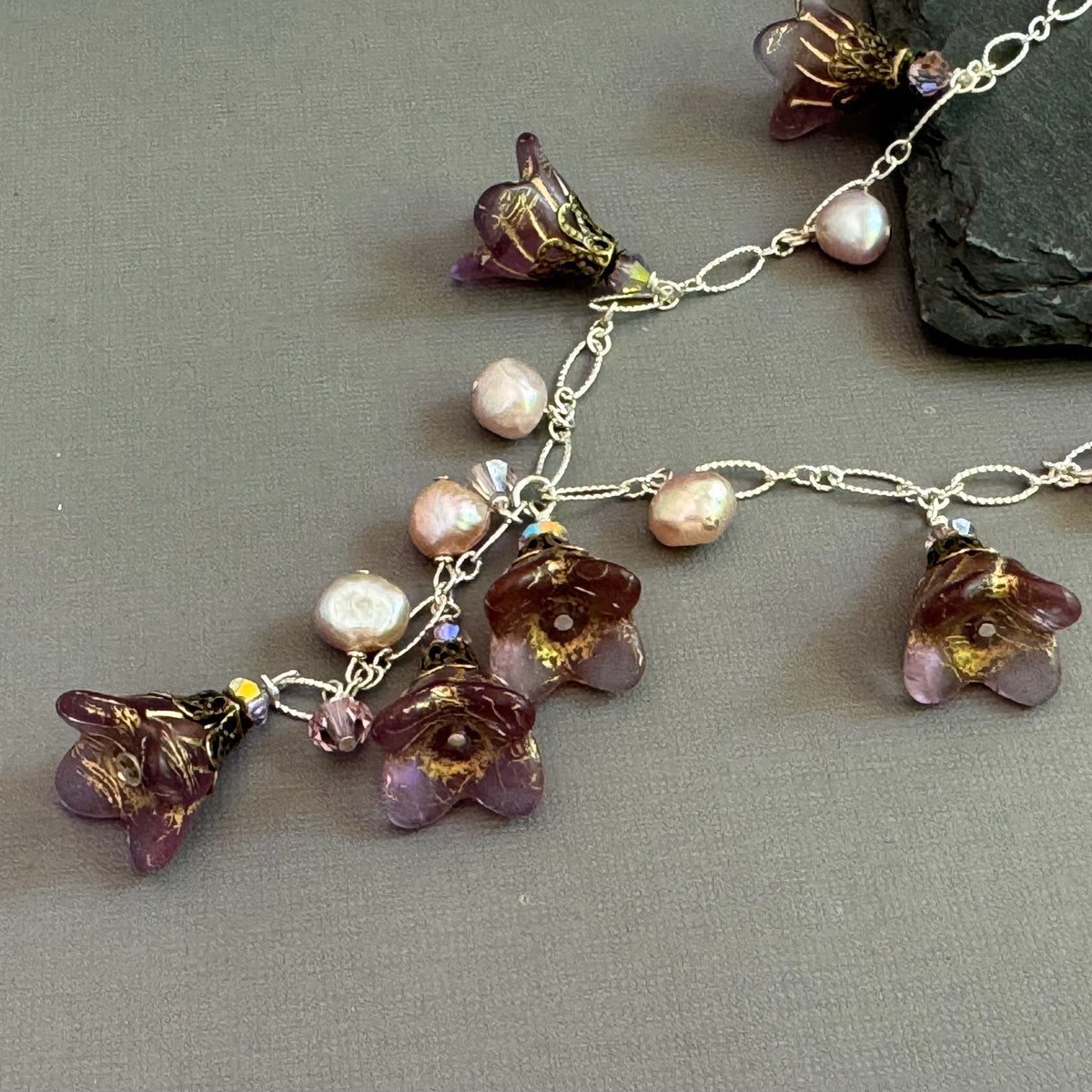 Grape Jelly Czech Glass Bell Flower Drop Necklace on Sterling Silver
