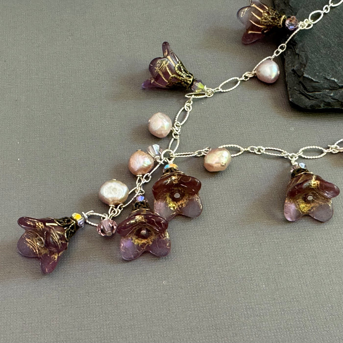Grape Jelly Czech Glass Bell Flower Drop Necklace on Sterling Silver